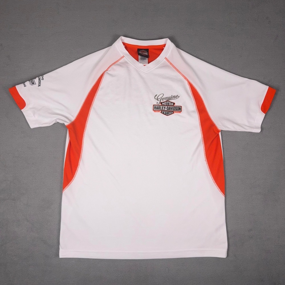 Harley Davidson Performance V Neck T Shirt White Orange Dealer Texoma TX L